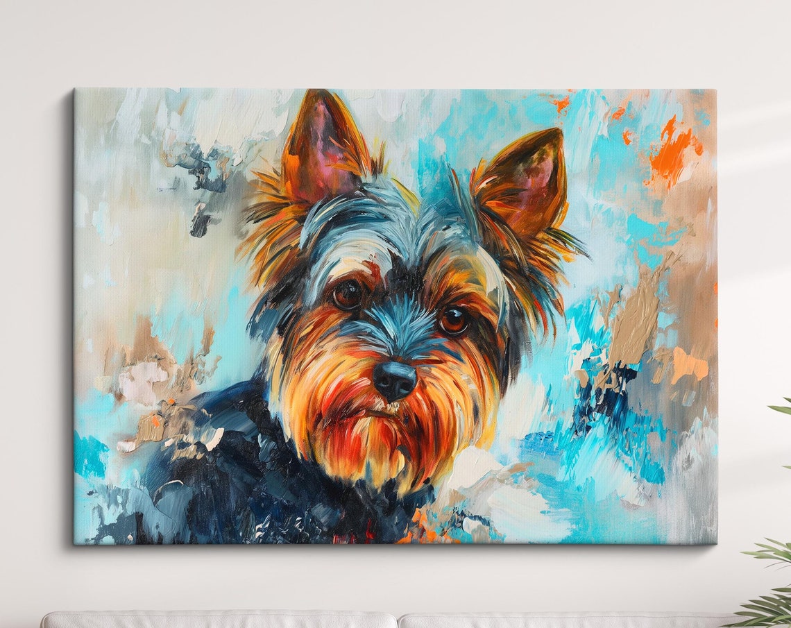 Yorkshire Terrier Face Front Turquoise Abstract Background Dog Poster