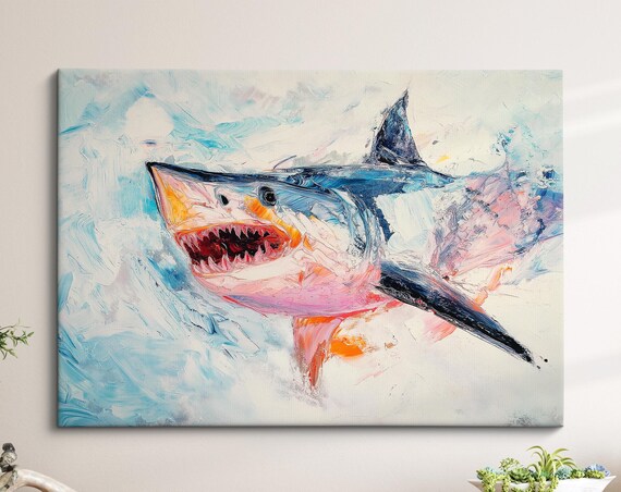 Great White Shark Jaws Abstract Oil Painting Bold Ocean Wall Art Poster