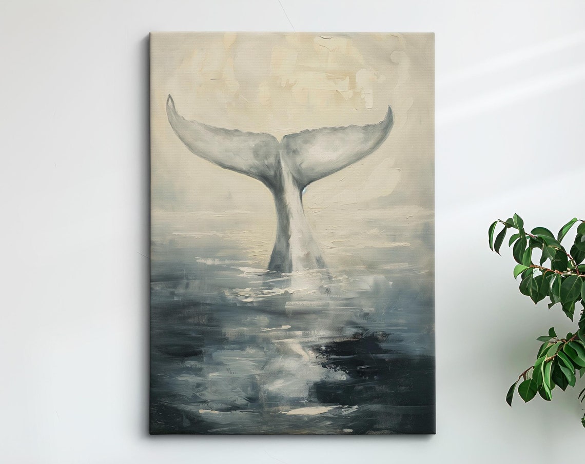Whale Tail Diving Ocean Muted Neutral Tone Coastal Scene Wall Art