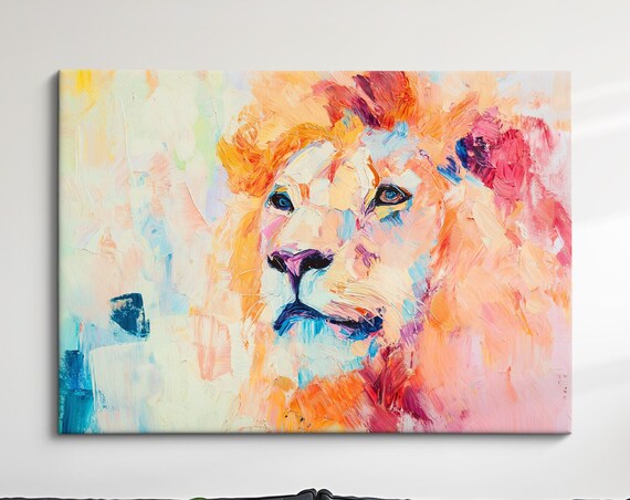 Lion Abstract Oil Painting Pastel Portrait Regal Wildlife Wall Art
