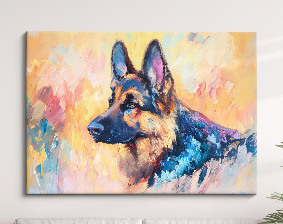 German Shepherd Portrait Warm Abstract Yellow Oil Painting Dog Poster