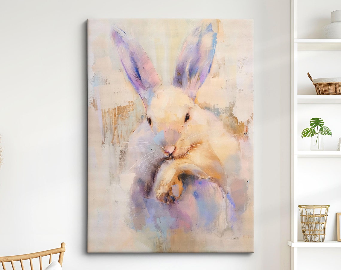 Cute White Rabbit Pastel Abstract Portrait Sweet Bunny Wall Art