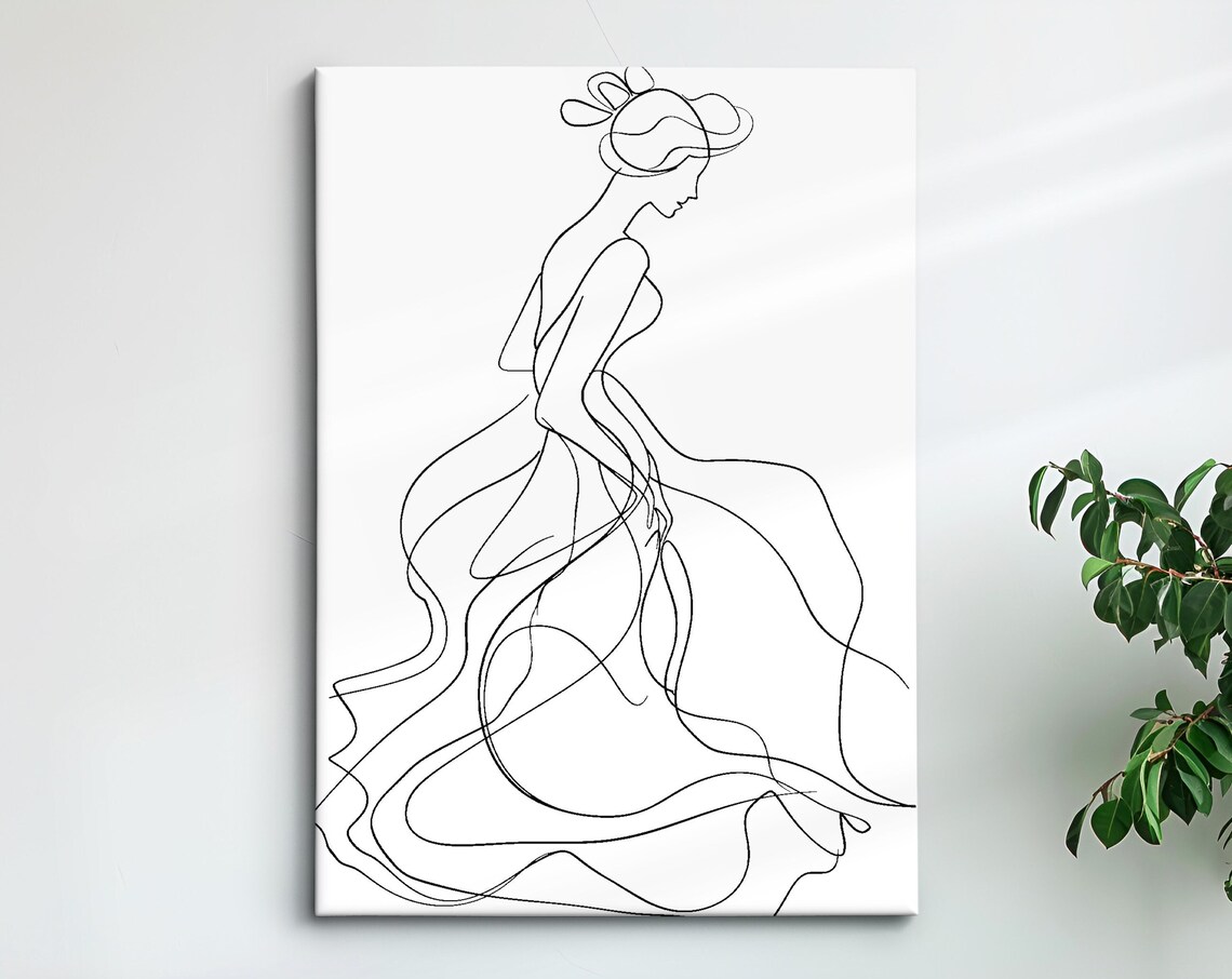 Woman in Flowing Wedding Dress Continuous Line Art Drawing Minimalist Poster