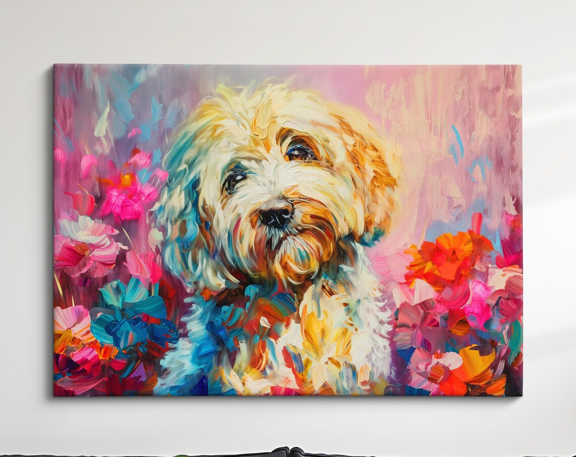 Fluffy White Cockapoo Dog Flowers Colorful Oil Painting Wall Art