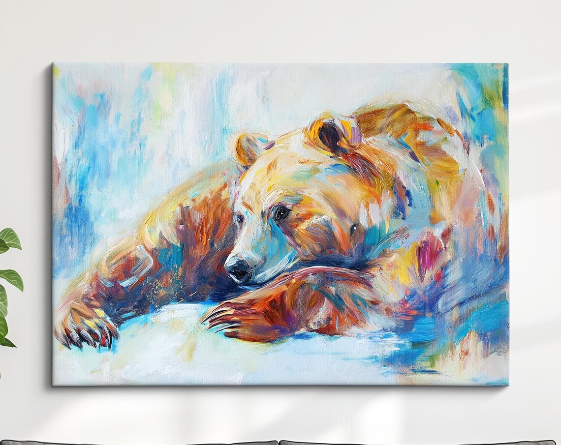 Brown Bear Resting Head Colorful Abstract Oil Painting Animal Wall Poster