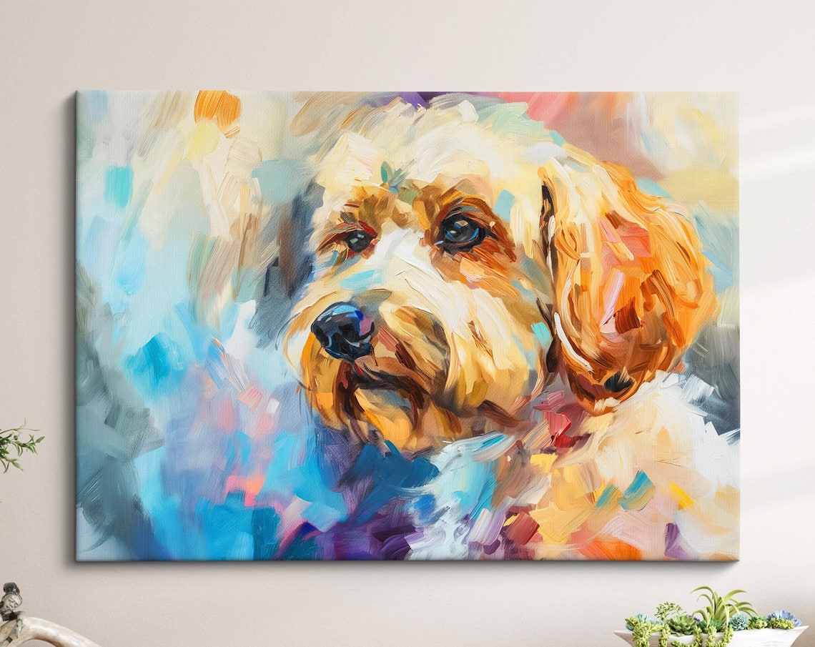 Cockapoo Portrait Apricot Wavy Coat Blue Pink Abstract Dog Poster