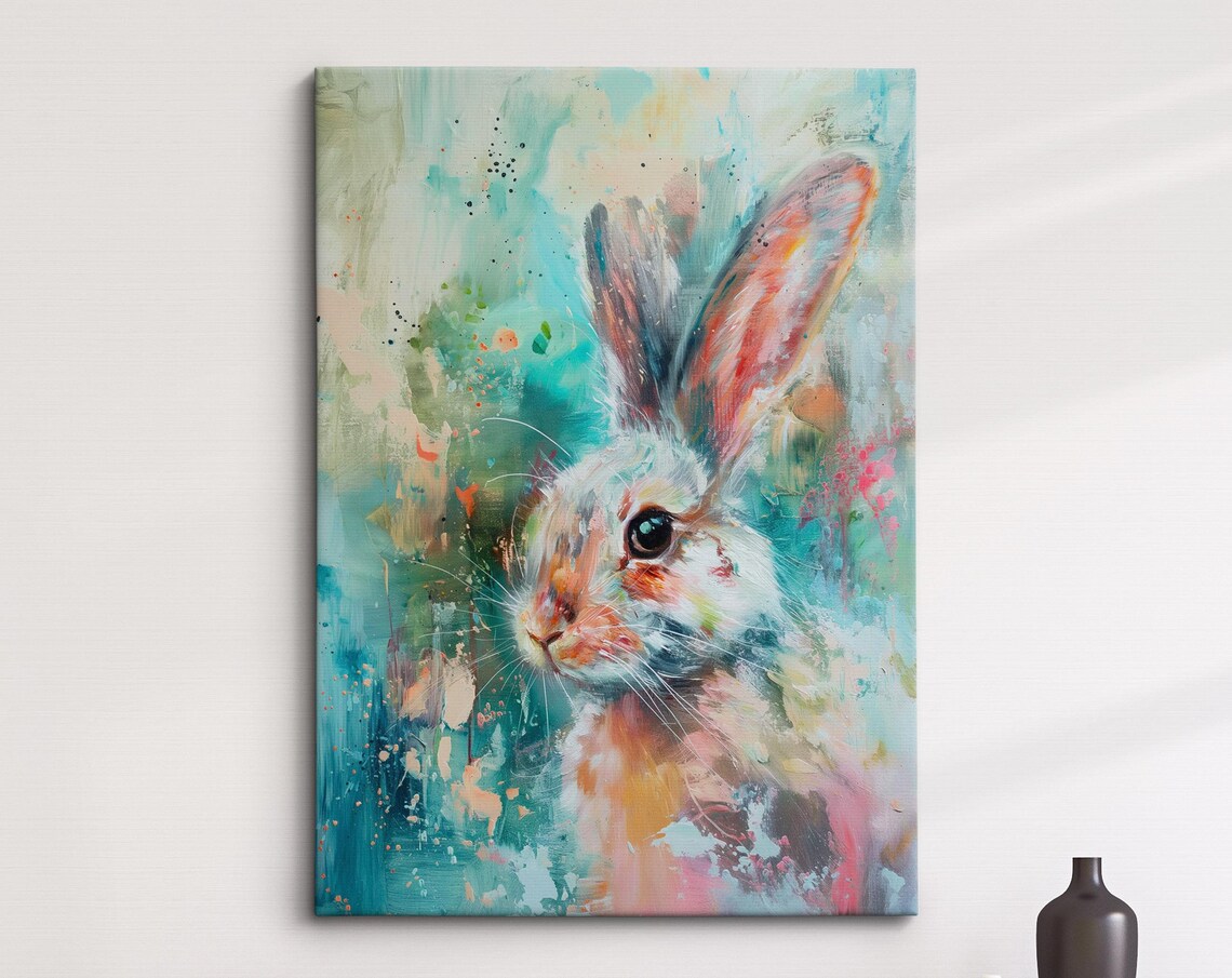 Wild Hare Portrait Teal Watercolor Splashes Abstract Wildlife Wall Art