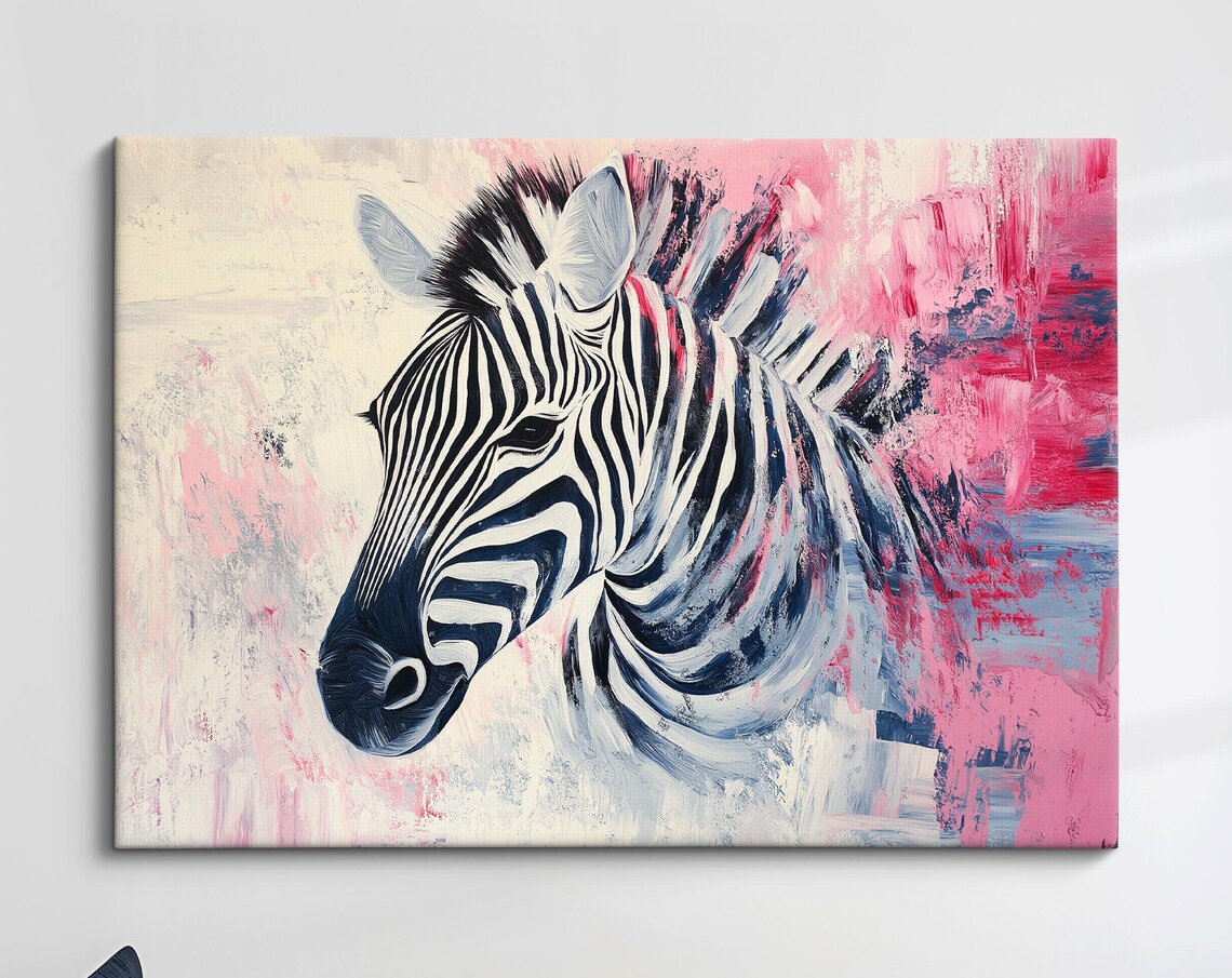 Zebra Head Pink Abstract Background Colorful Safari Animal Wall Art Poster