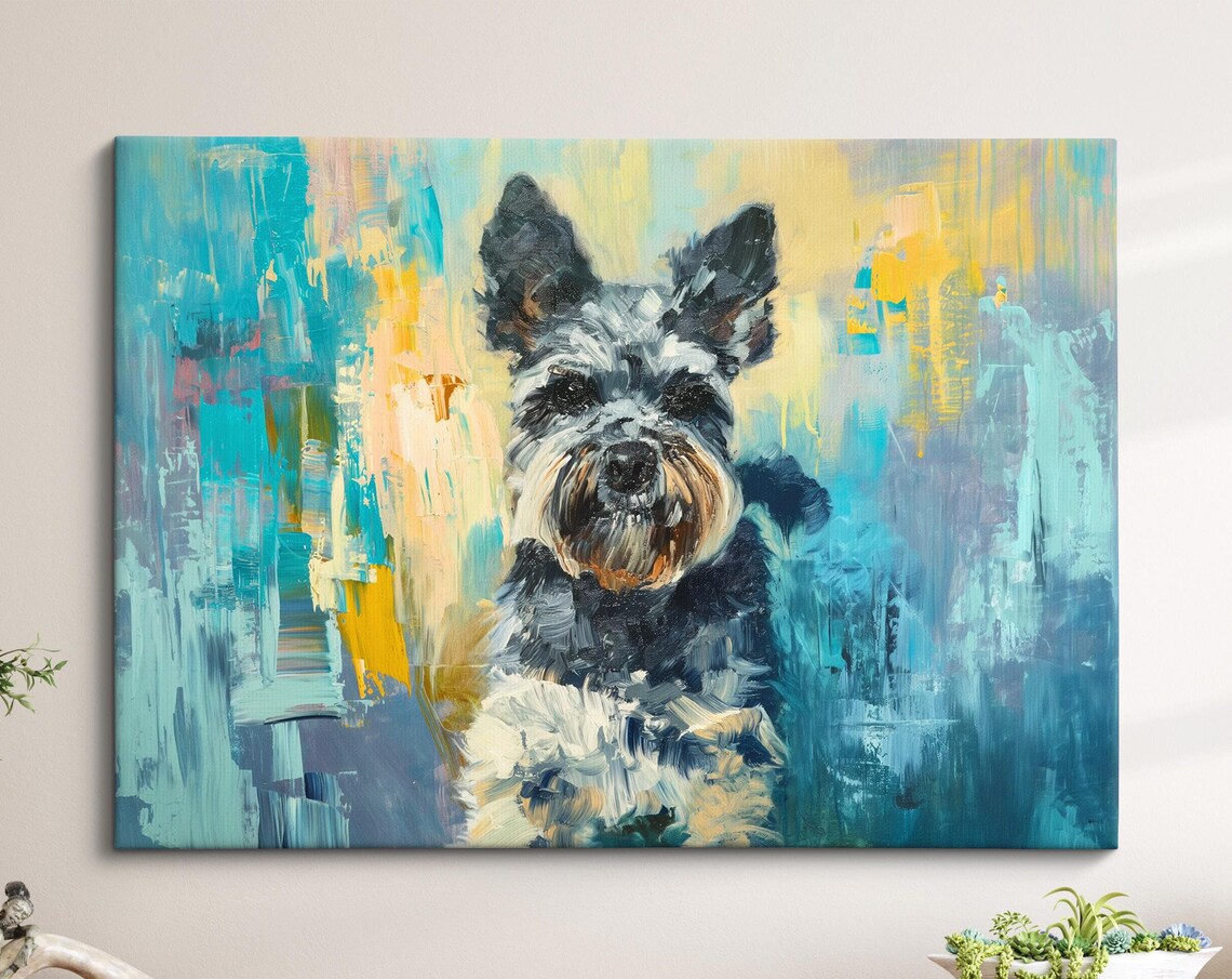 Schnauzer Sitting Portrait Teal Yellow Abstract Background Dog Poster