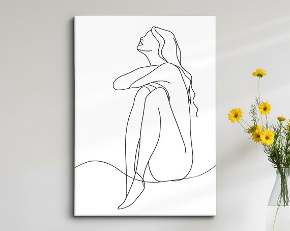 Seated Woman Looking Up Continuous Line Art Drawing Minimalist Wall Poster