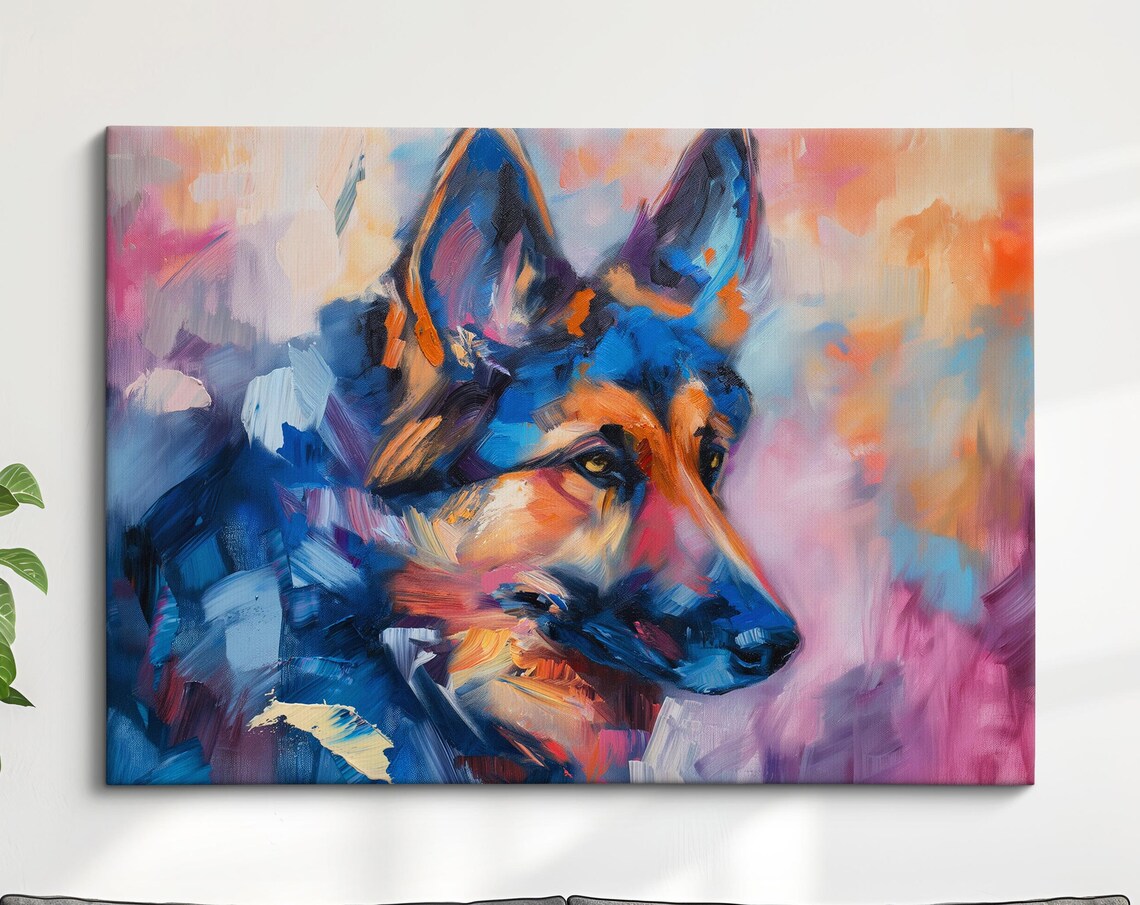 German Shepherd Portrait In Blue Pink Abstract Brushstroke Dog Poster
