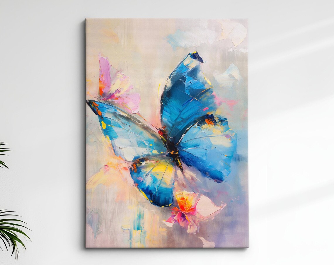 Blue Butterfly In Flight Pink Flower Soft Pastel Nature Wall Art