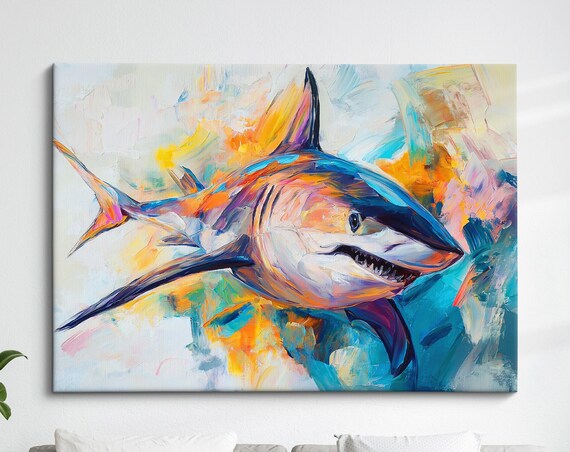 Great White Shark Abstract Oil Painting Colorful Ocean Wildlife Poster