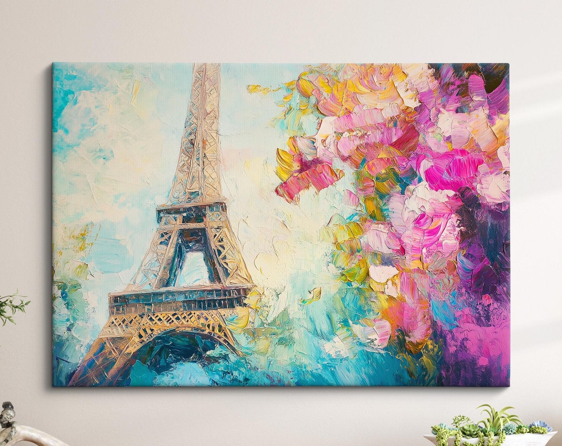 Eiffel Tower Paris Cherry Blossom Pink Floral Oil Painting Poster
