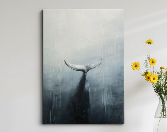 Whale Tail Diving Misty Ocean Gray Minimalist Abstract Wall Art Poster