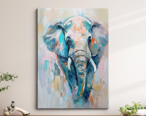 Elephant Front View Soft Teal Pink Paint Drip Abstract Wall Art