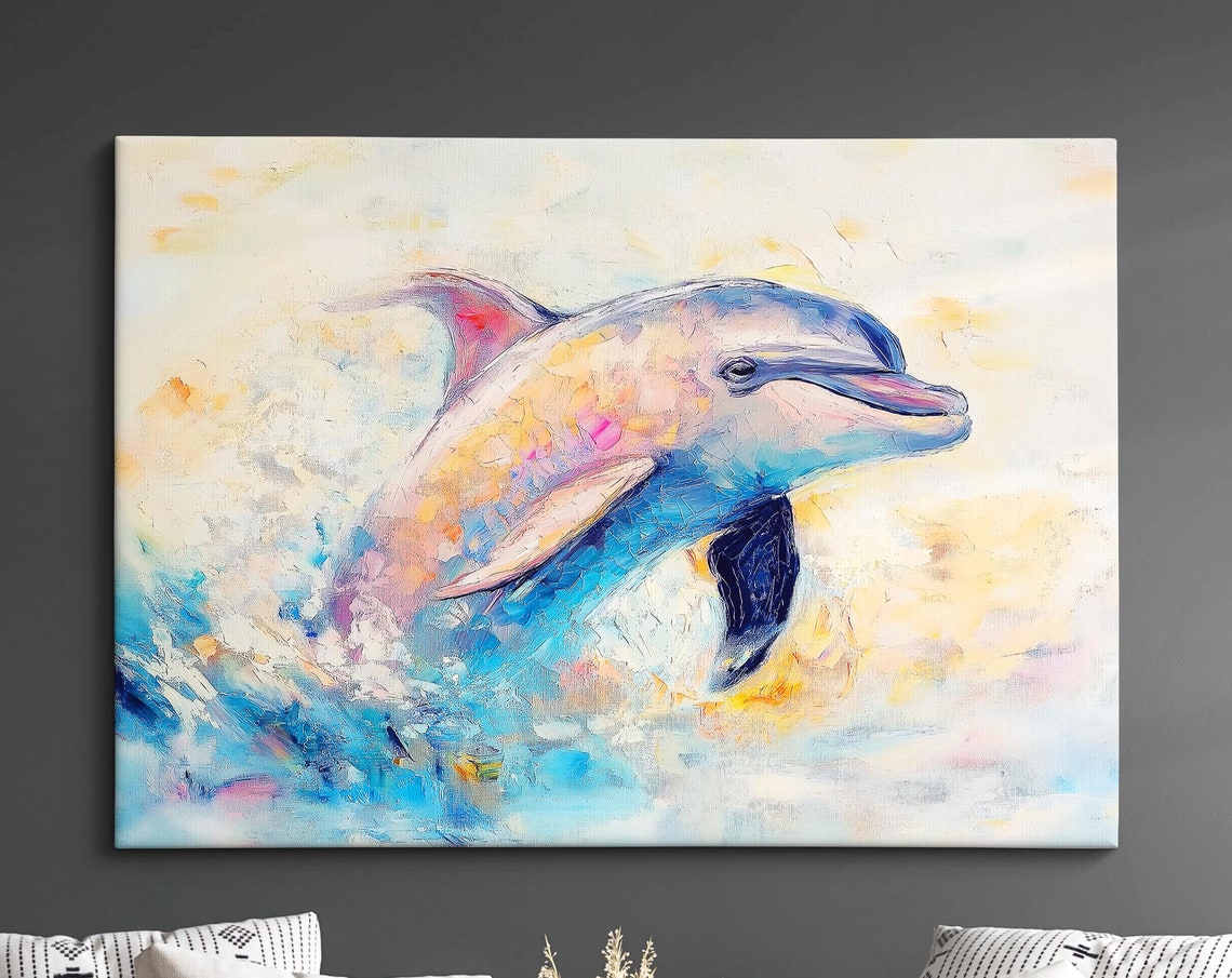 Dolphin Leaping Pastel Waves Colorful Ocean Abstract Wall Art Poster