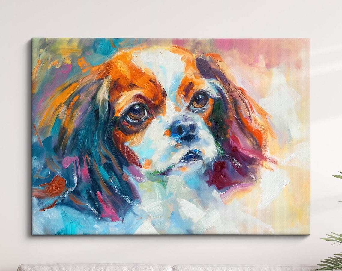 Cavalier King Charles Spaniel Warm Orange Teal Abstract Dog Poster