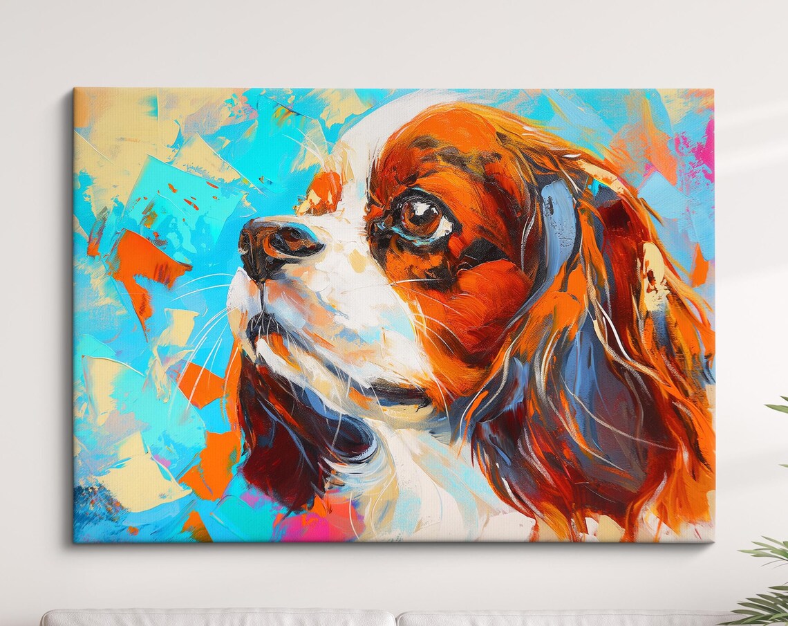 Cavalier King Charles Spaniel Portrait Turquoise Orange Dog Art Poster