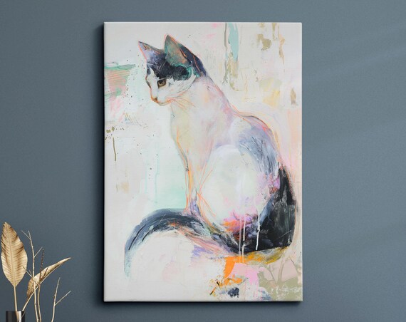 White Cat Sitting Pastel Abstract Oil Painting Elegant Pet Wall Art Poster