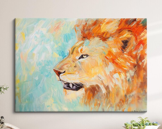 Lion Abstract Oil Painting Fiery Mane Roaring Profile Wildlife Poster