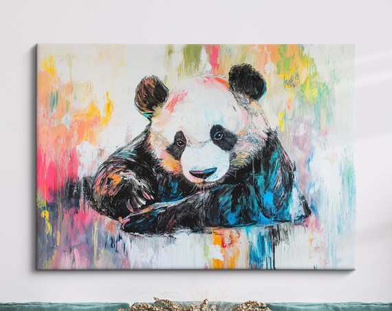 Panda Abstract Oil Painting Colorful Pastel Wildlife Portrait Wall Art