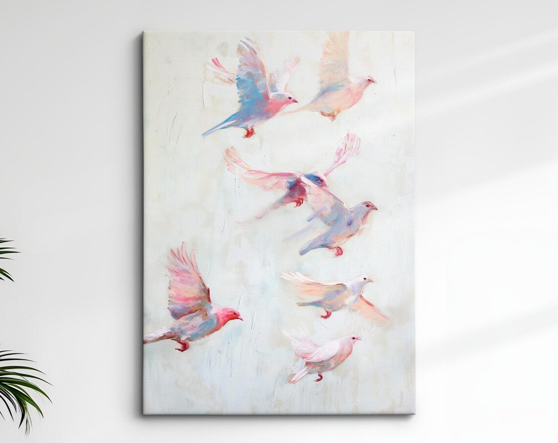 Pink Birds In Flight Soft White Pastel Flock Abstract Wall Art