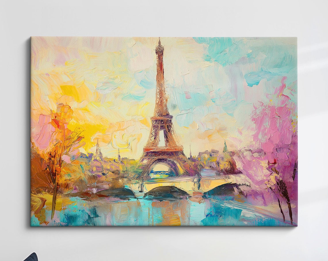 Eiffel Tower Paris Sunset Bridge Pastel Impressionist Travel Poster