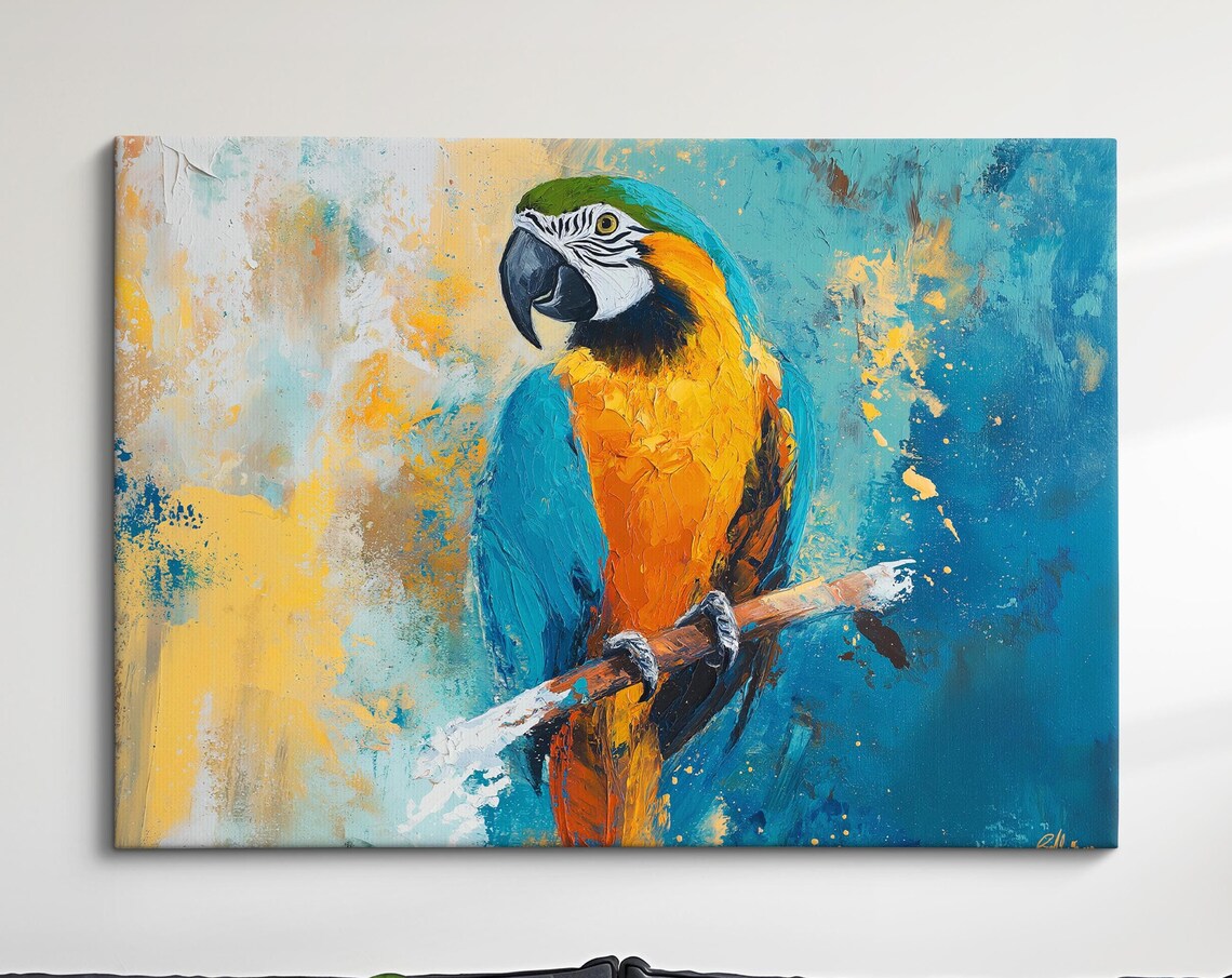 Blue And Yellow Macaw Parrot Oil Painting Turquoise Abstract Poster