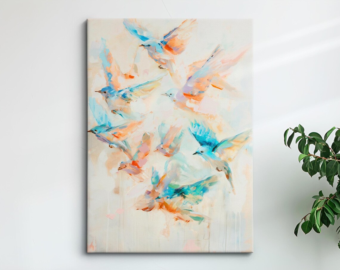 Colorful Birds In Flight Blue Orange Watercolor Flock Wall Art Poster