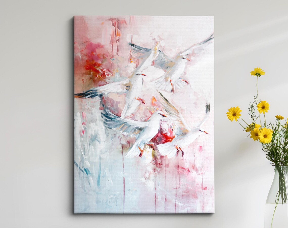 White Seagulls In Flight Pink Abstract Coastal Bird Wall Art