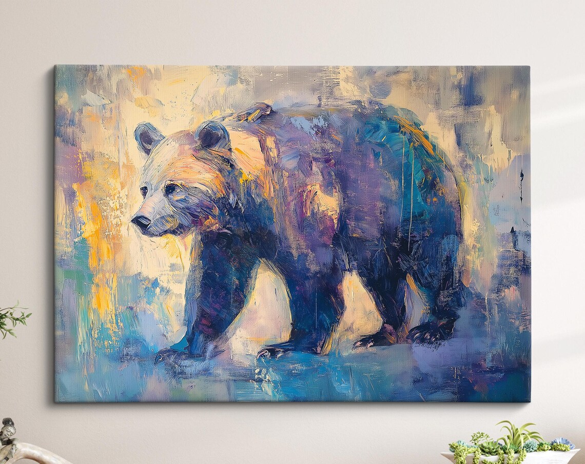 Grizzly Bear Walking Colorful Abstract Oil Painting Wildlife Wall Art Poster