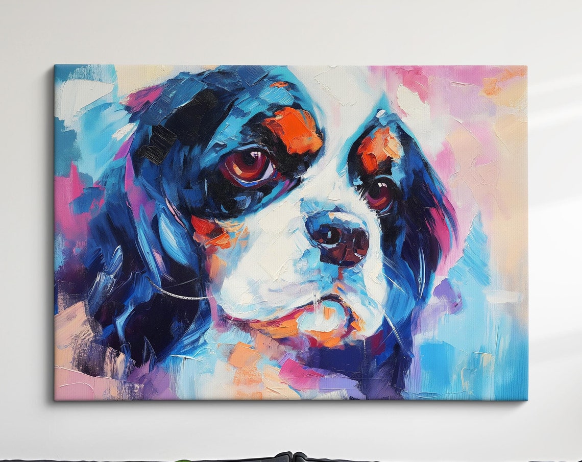 Cavalier King Charles Spaniel Face Front Blue Pink Abstract Dog Poster