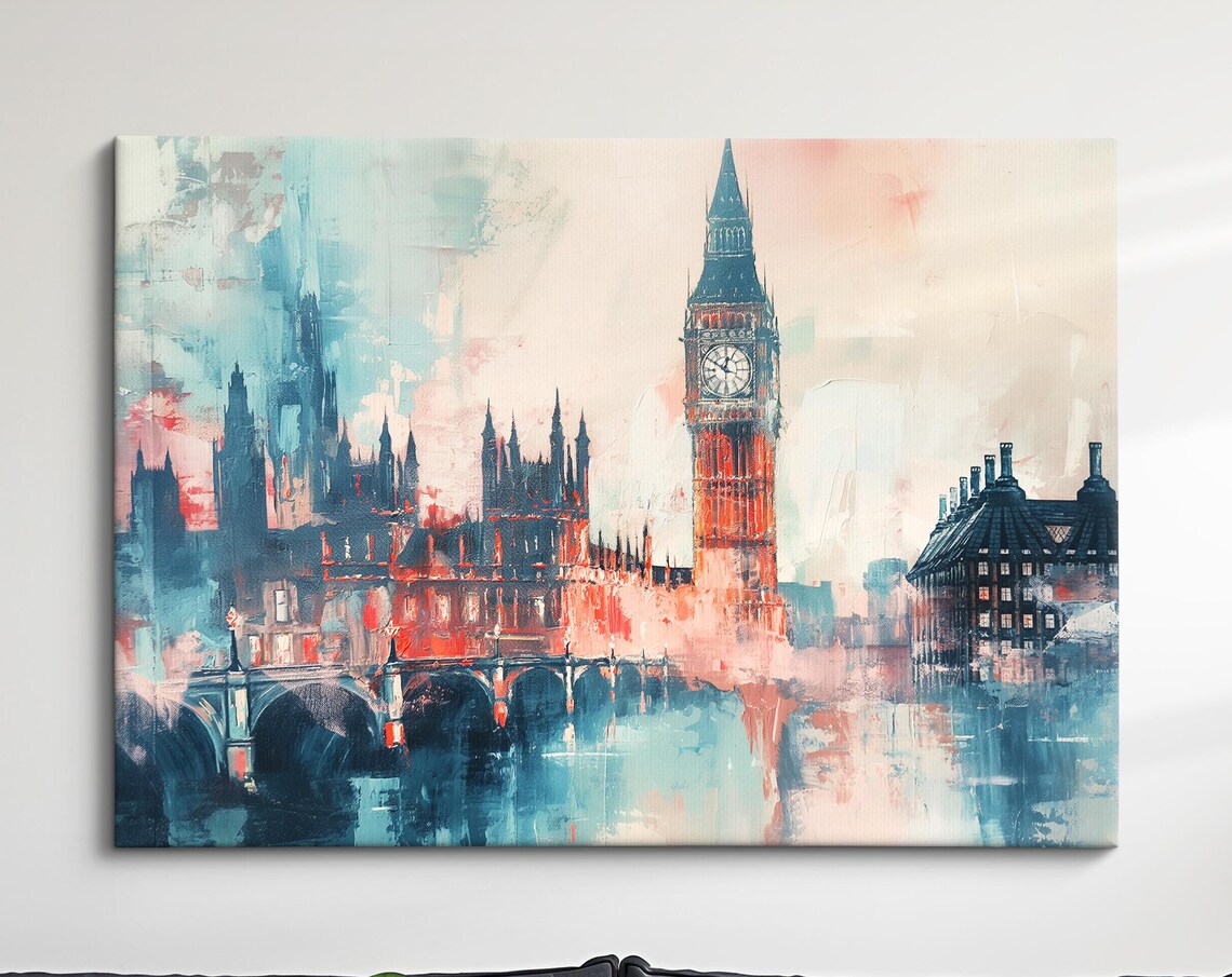 London Big Ben Abstract Oil Painting Misty Red Teal Thames Poster