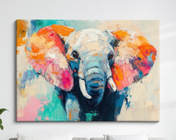 Elephant Head Orange Blue Palette Knife Abstract Safari Wall Art Poster