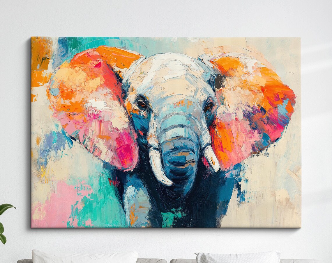 Elephant Head Orange Blue Palette Knife Abstract Safari Wall Art Poster
