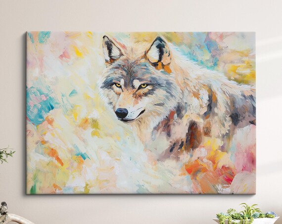 Wolf Abstract Oil Painting Golden Eyes Colorful Wildlife Portrait Poster