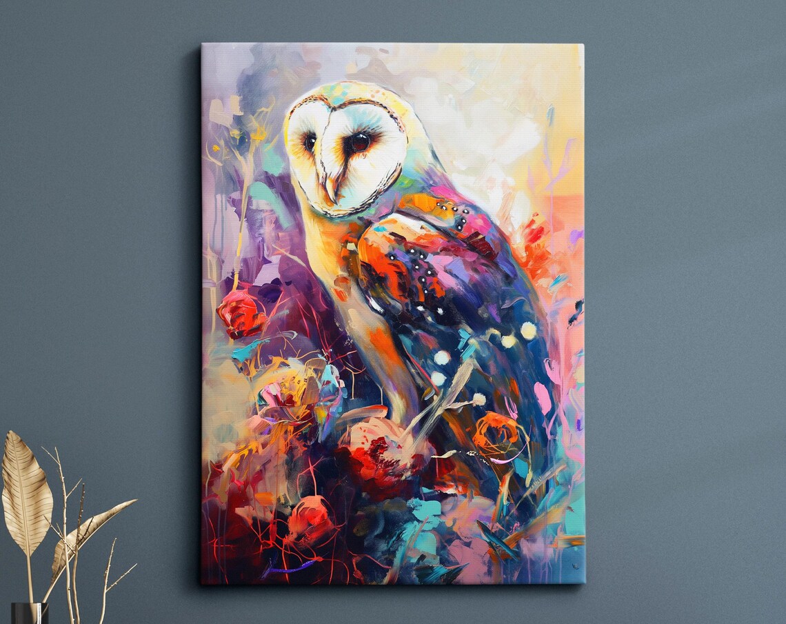 Barn Owl Colorful Abstract Oil Painting Style Wildlife Wall Art