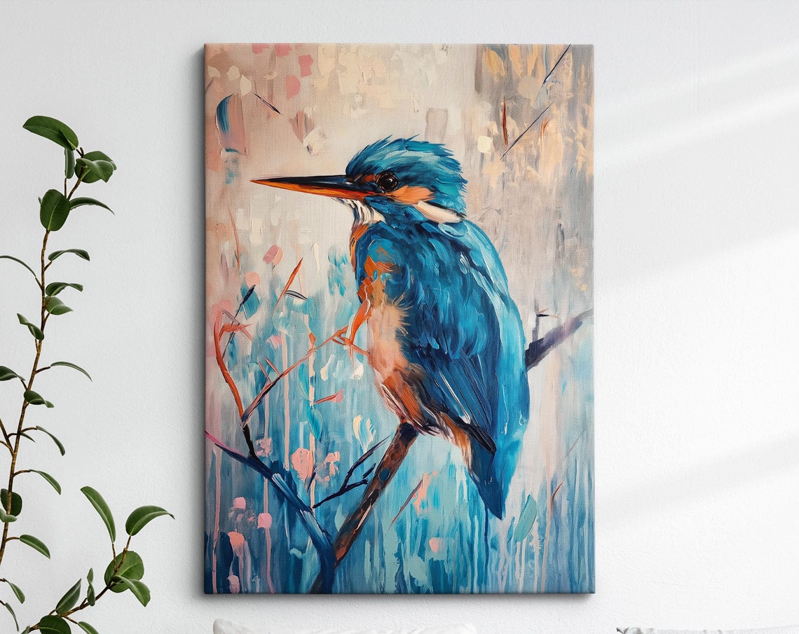 Kingfisher Blue Perched Branch Pink Teal Abstract Bird Painting Poster