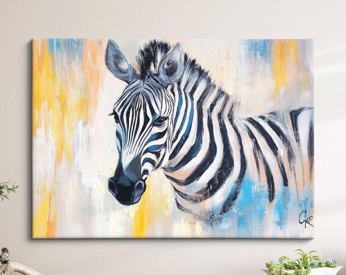 Zebra Portrait Yellow Blue Abstract Background Safari Wall Art Poster