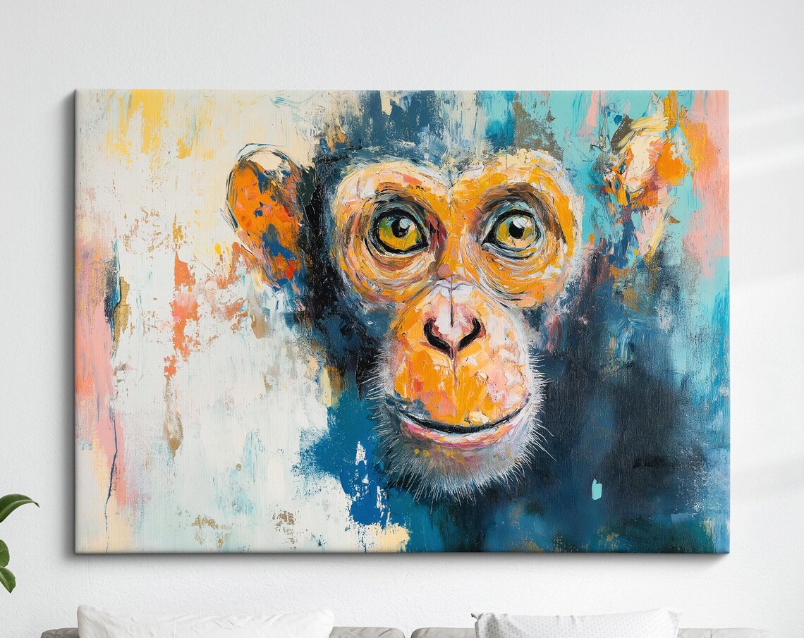 Chimpanzee Abstract Oil Painting Colorful Primate Portrait Wall Art