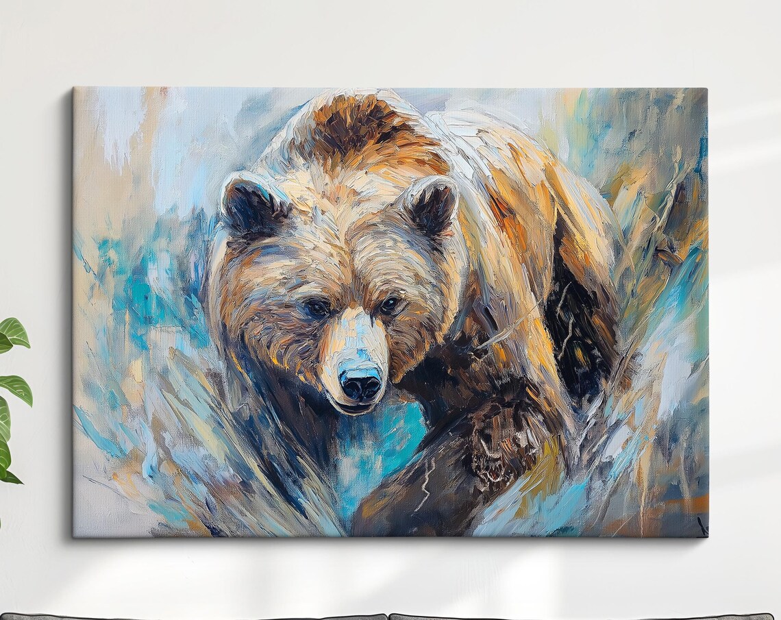 Brown Bear Walking Powerful Wildlife Oil Painting Style Wall Art