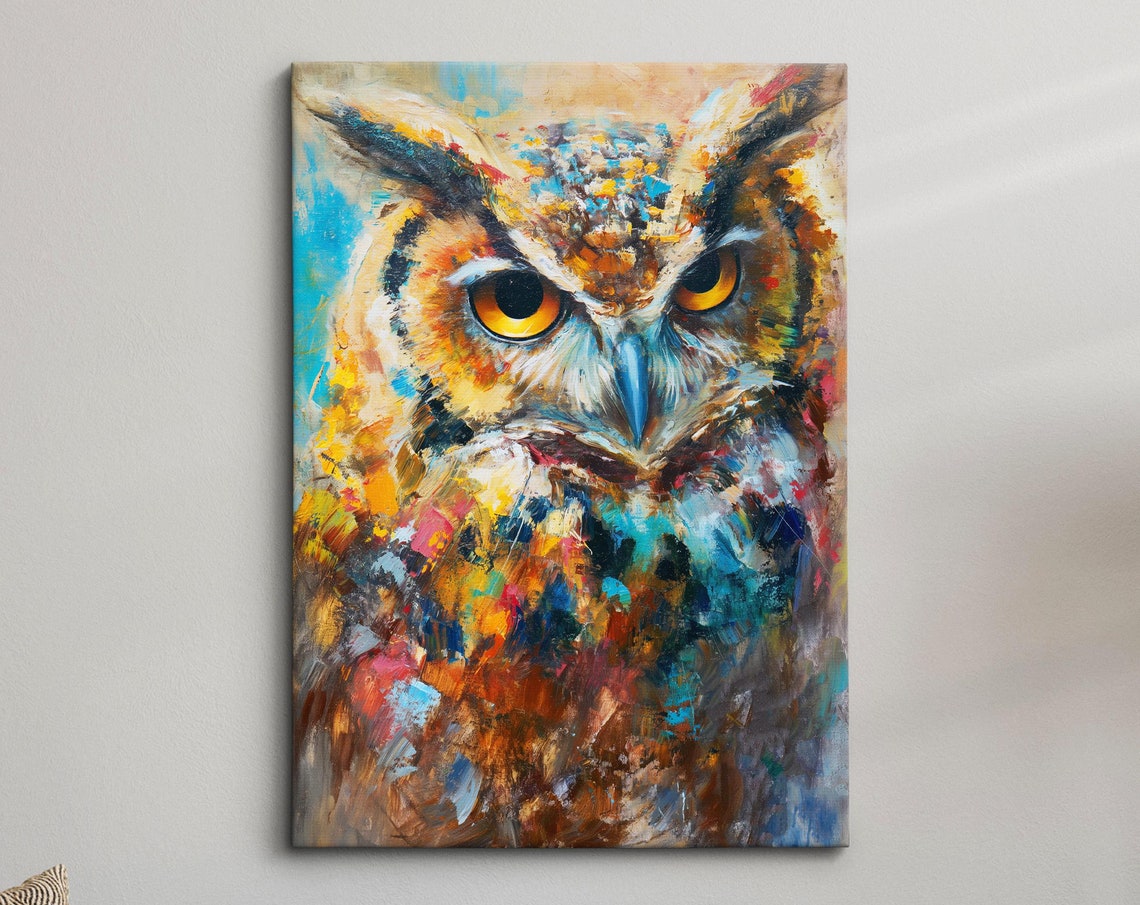 Horned Owl Striking Yellow Eyes Colorful Impasto Abstract Art Poster