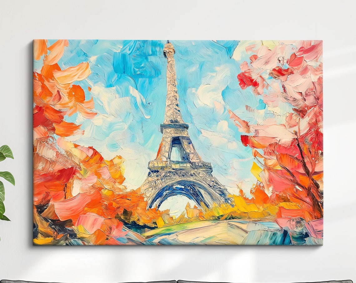 Eiffel Tower Paris Vibrant Autumn Foliage Oil Painting Travel Poster