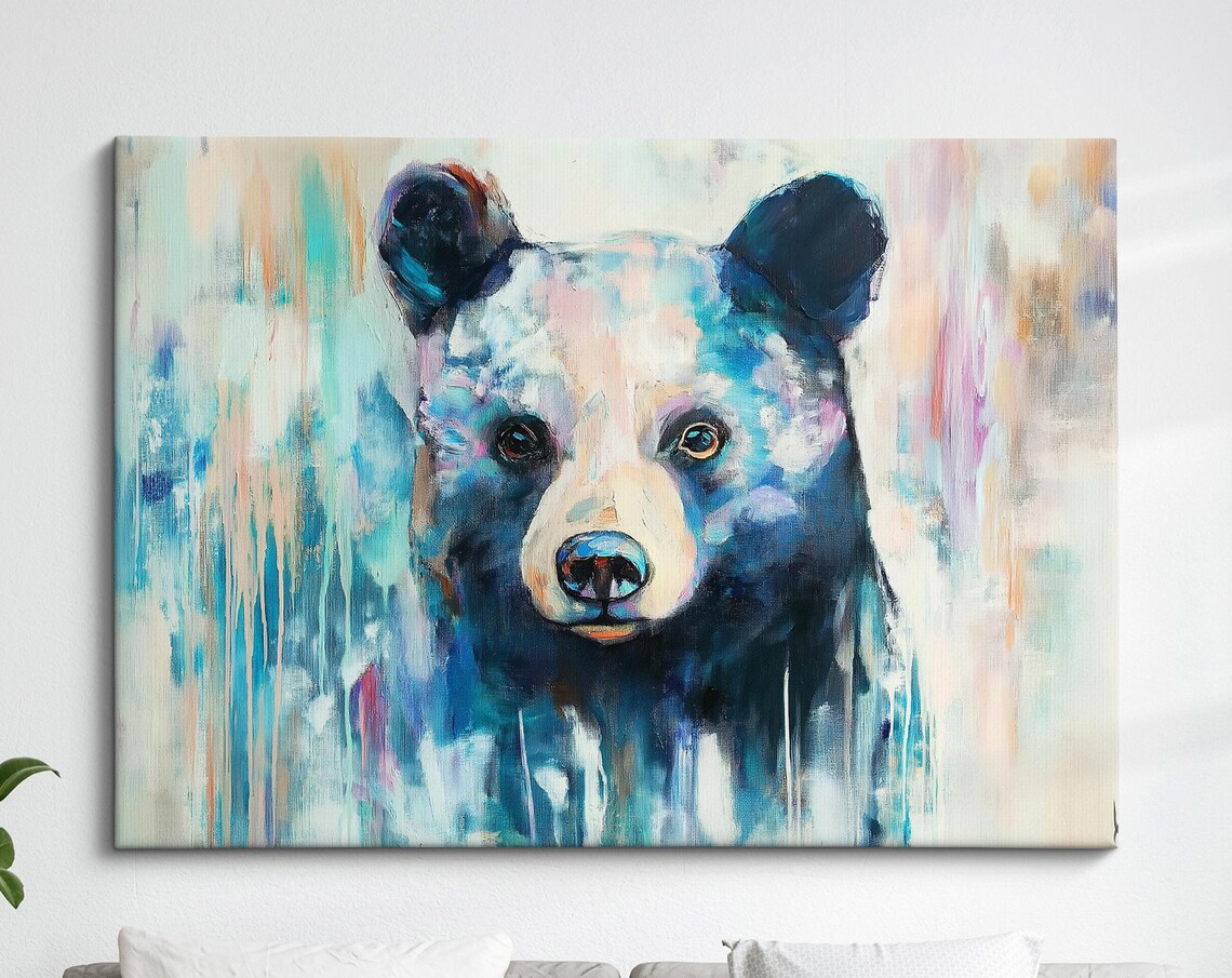 Black Bear Face Front Blue Abstract Oil Painting Wildlife Wall Art Poster