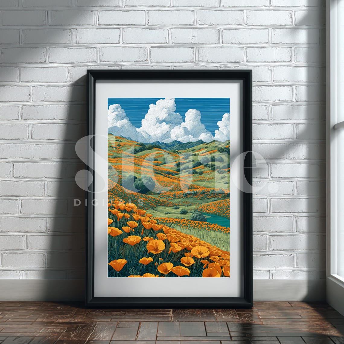 Vibrant Orange Poppy Flower Field Mountain Scenic Landscape Art Poster