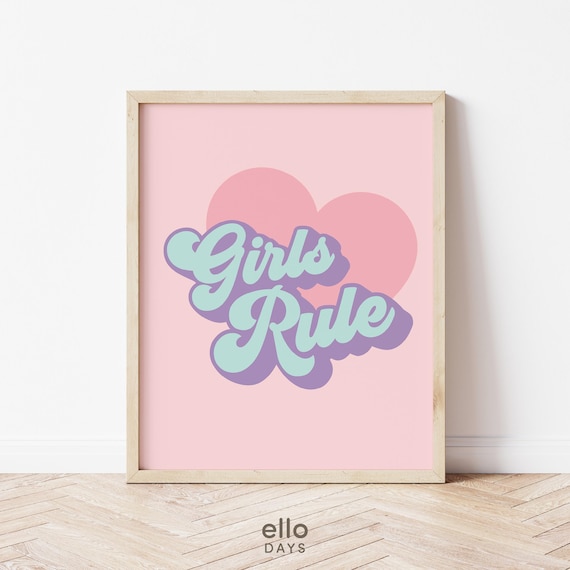 Girls Rule Retro Script Pink Heart Girls Room Quote Wall Poster