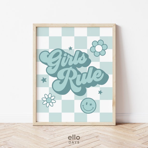 Girls Rule Retro Poster Boho Girl Bedroom Decor Print Tween Girl Room Decoration Vintage Smiley Dorm Room Wall Art