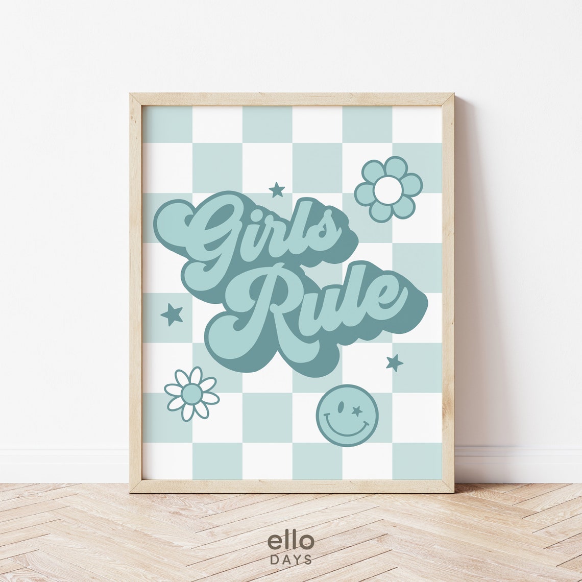 Girls Rule Retro Blue Script Daisy Checkerboard Teen Room Poster