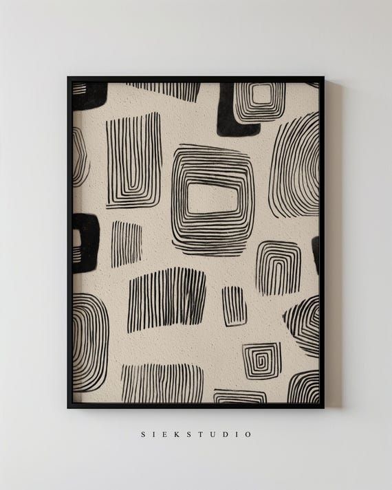 Modern Abstract Lines And Shapes Art Minimalist Black Beige Geometric Neutral Contemporary Bedroom Room Wall Decor 160